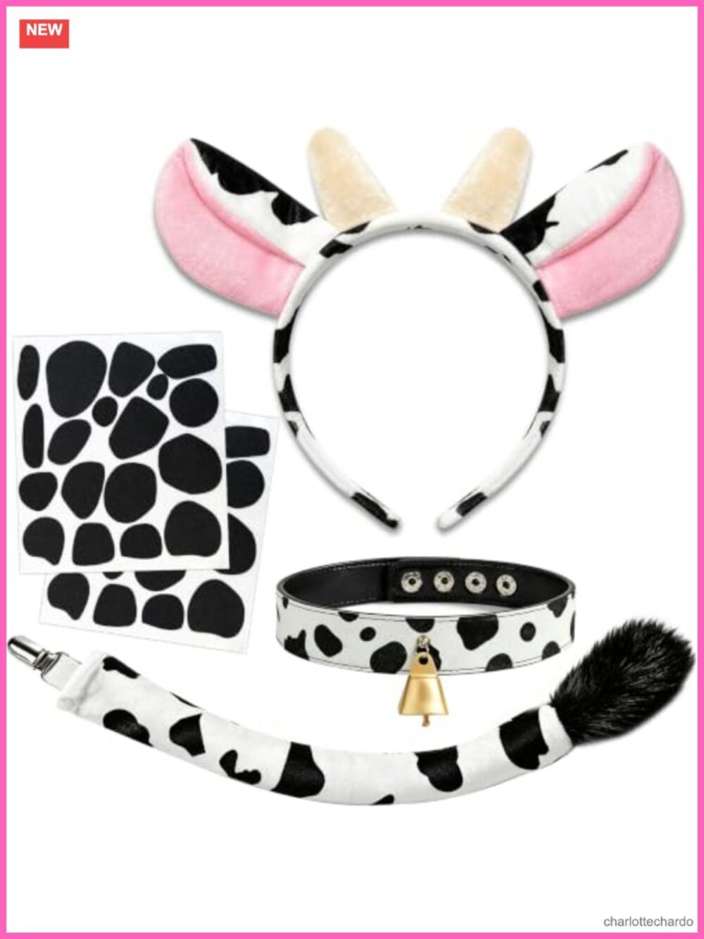 Cow Costume Set Ears Headband Cowbell Collar Choker Tail Adhesive Felt Pads